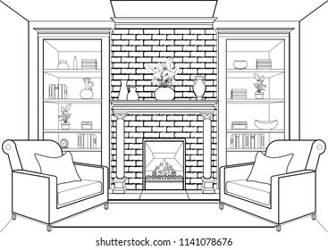 Room with fireplace outline, flat interior, contour linear drawing, coloring, black and white vector illustration. living room, cabinets with vase, book and potted plant, brick wall, and two armchairs