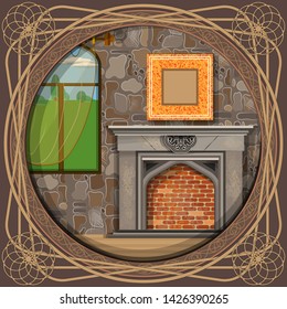 Room with fireplace and window in the old castle. Interior round picture in an elegant vintage frame. Vector illustration