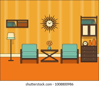 Room In Flat Design. Retro Living Room Interior 60s In Line Art. Vector Graphics. Linear Illustration. Thin Line Vintage Home Space With Furniture. House Equipment 70s. Background 50s.