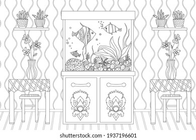 room with flowers on tables and a shelves, a aquarium with fishes and seaweeds on a cabinet against wallpaper for your coloring book