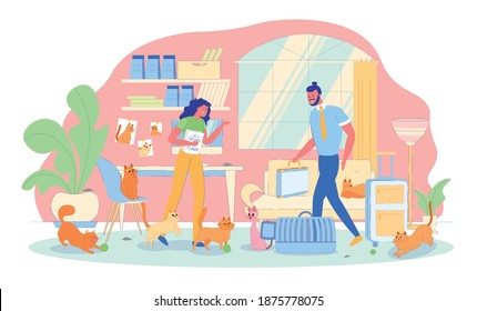 Room Free Cat Hotel, Communication with Pet Owner. Man Brought Cat in Carrying to Leave for Duration Trip. Girl, Hotel Employee, Standing with Flyers in Hands, Furry Guests Running around.