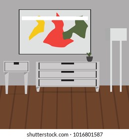 Room with furniture. chest of drawers and a lamp behind a picture hanging on the wall.  flat cartoon style vector illustration