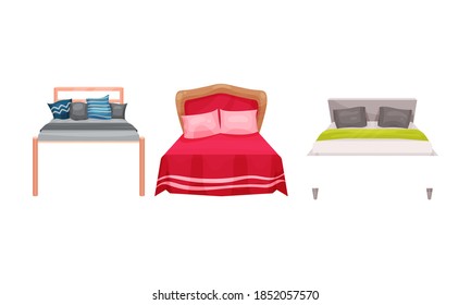 Room Furniture with Double Bed and Pillows on It Vector Set