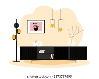 Room furniture in a house neatly arranged in a modern style, minimalist and aesthetic interior, vector illustration.