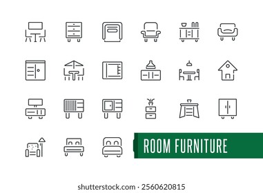 Room Furniture icons. Contains related to dining, home, bench, chair, kitchen, chandelier, dressing, desk. Minimalist outline icon. Editable vector stroke.