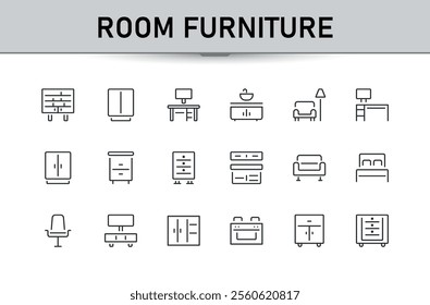 Room Furniture icons. Contains related to dining, home, bench, chair, kitchen, chandelier, dressing, desk. Minimalist outline icon. Editable vector stroke.