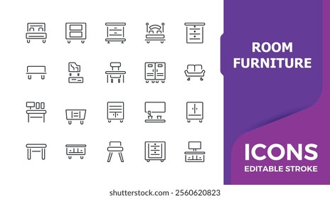 Room Furniture icons. Contains related to dining, home, bench, chair, kitchen, chandelier, dressing, desk. Minimalist outline icon. Editable vector stroke.