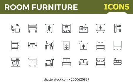 Room Furniture icons. Contains related to dining, home, bench, chair, kitchen, chandelier, dressing, desk. Minimalist outline icon. Editable vector stroke.