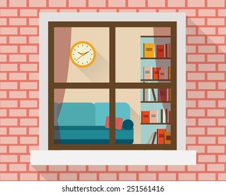 Room with furniture through the window. Flat style vector illustration.