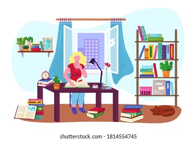 Room with girl reading book in room vector illustration. Female student reads book, studying at home. Learning and knowledge. Education for readers at home. Literature to read and learn.