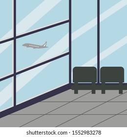 A room with glass walls and armchairs and a flying airplane outside the window