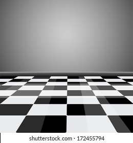 Room with glossy checkered floor pattern in perspective