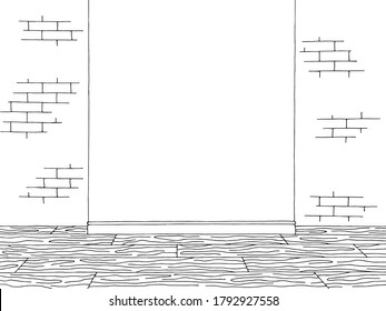 Room Graphic Black White Home Interior Brick Wall Sketch Illustration Vector