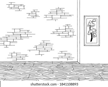Room graphic black white home loft interior stone wall sketch illustration vector