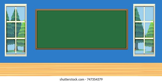 Room with green board and two windows illustration