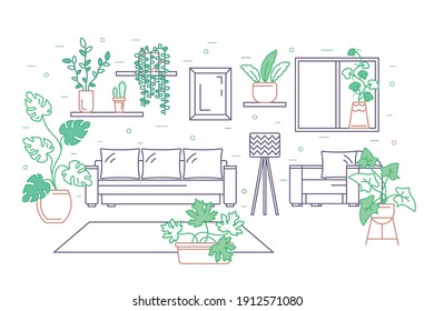 Habitación con el interior de la planta verde dentro del concepto de contorno estilo lineal. Ilustración vectorial de Lineart Houseplant