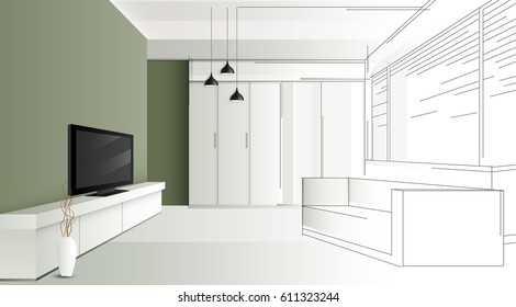 Room green wall interior design. Living room with furniture. Cozy interior with shelf. sketch style vector illustration.