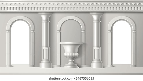 Room or hall interior with white stone ancient roman column arch entrance door and decorative vase. Realistic 3d vector illustration antique greek marble temple building inside with baroque sculpture.