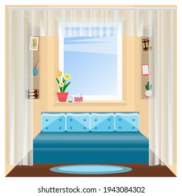 Room. House, apartment, living area. Interior. A room with a window overlooking the street. Blue soft sofa, two bookshelves on the sides. Accessories and household items. Cartoon drawing. Vector
