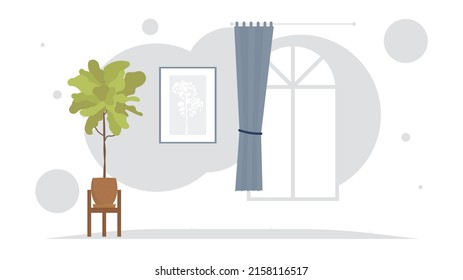 Room with houseplant. Interior. Cartoon style. Vector illustration