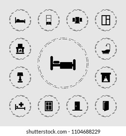 Room icon. collection of 13 room filled icons such as window, door, fireplace, bed, shower, table lamp, medical bed. editable room icons for web and mobile.