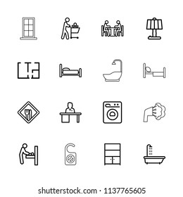 Room icon. collection of 16 room outline icons such as shower, table lamp, father with tot in shopping cart, bed. editable room icons for web and mobile.