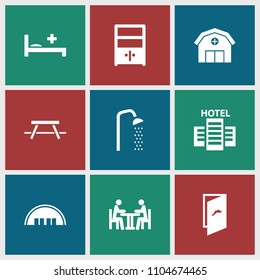 Room Icon. Collection Of 9 Room Filled Icons Such As Barn, Medical Bed, Meeting, Cupboard, Hotel, Door, Shower. Editable Room Icons For Web And Mobile.