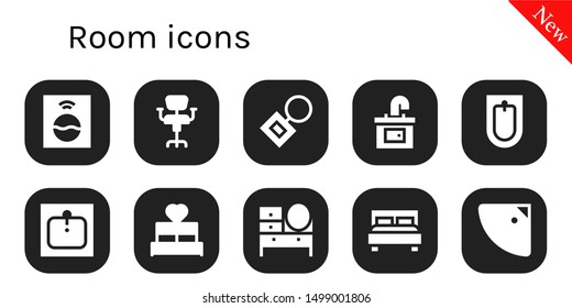 room icon set. 10 filled room icons.  Collection Of - Washing machine, Chair, Key chain, Sink, Bidet, Bed, Dressing table, Double bed, Shower