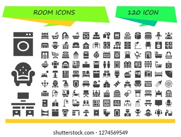  room icon set. 120 filled room icons. Simple modern icons about  - Washing machine, Desk, Armchair, Bed, Bathtub, Shower, Bath, Hotel key, Hotel, Dressing table, Toilet paper