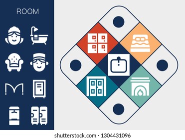 room icon set. 13 filled room icons.  Collection Of - Sink, Locker, Lockers, Doors, Armchair, Concierge, Maid, Bathtub, Bed, Double door, Fireplace