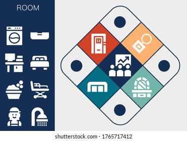 room icon set. 13 filled room icons.  Simple modern icons such as: Training, Checker, Shower, Washbowl, Stretcher, Desk, Bed, Washing machine, Key chain, Door, Sofa, Dressing table
