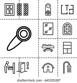 Room Icon. Set Of 13 Outline Roomicons Such As Baby Changing Room, Plane Seats, Window, Barn, Do Not Disturb, Shower, Wardrobe, Hospital Stretch, Plan, Door Warning