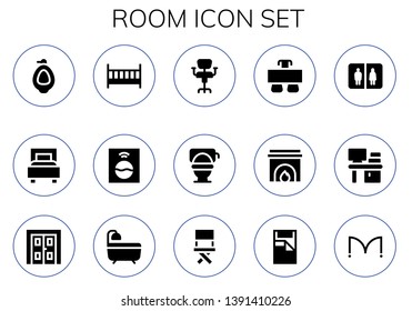 room icon set. 15 filled room icons.  Simple modern icons about  - Urinal, Bed, Cot, Washing machine, Chair, Toilet, Desk, Fireplace, Bathroom, Double door, Bath, Doors