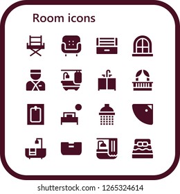  room icon set. 16 filled room icons. Simple modern icons about  - Chair, Armchair, Ultraviolet, Window, Bellboy, Bathtub, Sink, Balcony, Bath, Bed, Shower