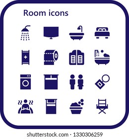 Room Icon Set. 16 Filled Room Icons.  Simple Modern Icons About  - Shower, Night Stand, Bath, Bed, Stretcher, Toilet Paper, Doors, Bathtub, Washing Machine, Double Bed, Toilet