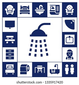 room icon set. 17 filled room icons.  Simple modern icons about  - Armchair, Night stand, Table, Shower, Cabinet, Sink, Checker, Bed, Toilet paper, Desk, Bath, Bathtub, Toilet