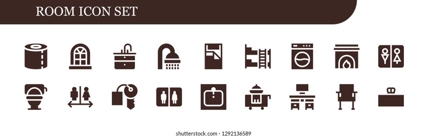  room icon set. 18 filled room icons. Simple modern icons about  - Toilet paper, Window, Sink, Shower, Bed, Bunk bed, Washing machine, Fireplace, Wc, Toilet, Hotel key, Bathroom
