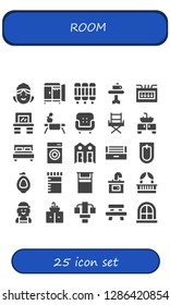  room icon set. 25 filled room icons. Simple modern icons about  - Maid, Wardrobe, Room divider, Table, Fuse box, Vanity, Armchair, Chair, Sink, Double bed, Washing machine, Dressing room