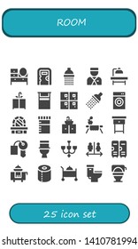 room icon set. 25 filled room icons.  Simple modern icons about  - Dressing table, Public toilet, Shower, Bellboy, Operating table, Sink, Bed, Lockers, Washing machine, Urine