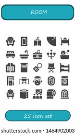 room icon set. 25 filled room icons.  Simple modern icons about  - Armchair, Bath, Sink, Shower, Room service, Bed, Bathroom, Chandelier, Doors, Key chain, Chair, Bunk bed, Door