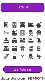 room icon set. 25 filled room icons.  Collection Of - Locker, Washing machine, Bed, Washbowl, Stretcher, Shower, Door, Chair, Armchair, Desk, Dressing table, Operating table, Double bed