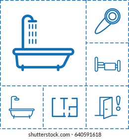 Room icon. set of 6 room outline icons such as shower, bed, plan, door warning