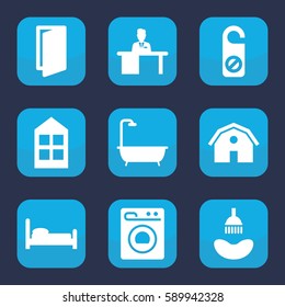 Room Icon. Set Of 9 Filled Room Icons Such As Barn, Window, Shower, Door, Do Not Disturb, Man Working At The Table, Washing Machine