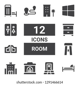 room icon set. Collection of 12 filled room icons included Bed, Door, Fireplace, Hotel, Stool, Doors, Night stand, Travel, Windows, Restroom, Medical room