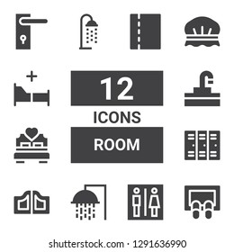 room icon set. Collection of 12 filled room icons included Doormat, Toilet, Shower, Doors, Lockers, Bed, Sink, Shower cap, Door handle, Toilet paper