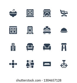 room icon set. Collection of 16 filled room icons included Chandelier, Tv table, Restrooms, Coffee table, Stool, Armchair, Hotel, Room service, Bed, Door, Furniture, Stretcher