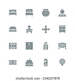 room icon set. Collection of 16 filled room icons included Hotel, Door hanger, Sink, Door, Lockers, Night stand, Coffee table, Bedside table, Double bed, Maid, Shower, Single bed