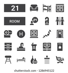 room icon set. Collection of 21 filled room icons included Stretcher, Shower, Vase, Bed, Stool, Locker, Door, Conference, Sink, Cabinet, Ratchet, Window, Hotel, Toilet paper, Restroom
