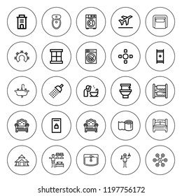 Room icon set. collection of 25 outline room icons with armchair, bed, basin, bunk bed, bathroom, chandelier, coffee table, dressing room, hotel, locker icons. editable icons.