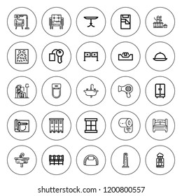 Room icon set. collection of 25 outline room icons with armchair, bed, cabinet, bath, chair, bathroom, desk, entrance, hotel key, locker, plan, shower icons. editable icons.